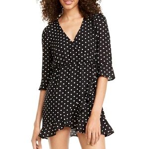 Q & A LA Black + White Polka Dot-Print Surplice Faux-Wrap Mini Dress — NWT — XL